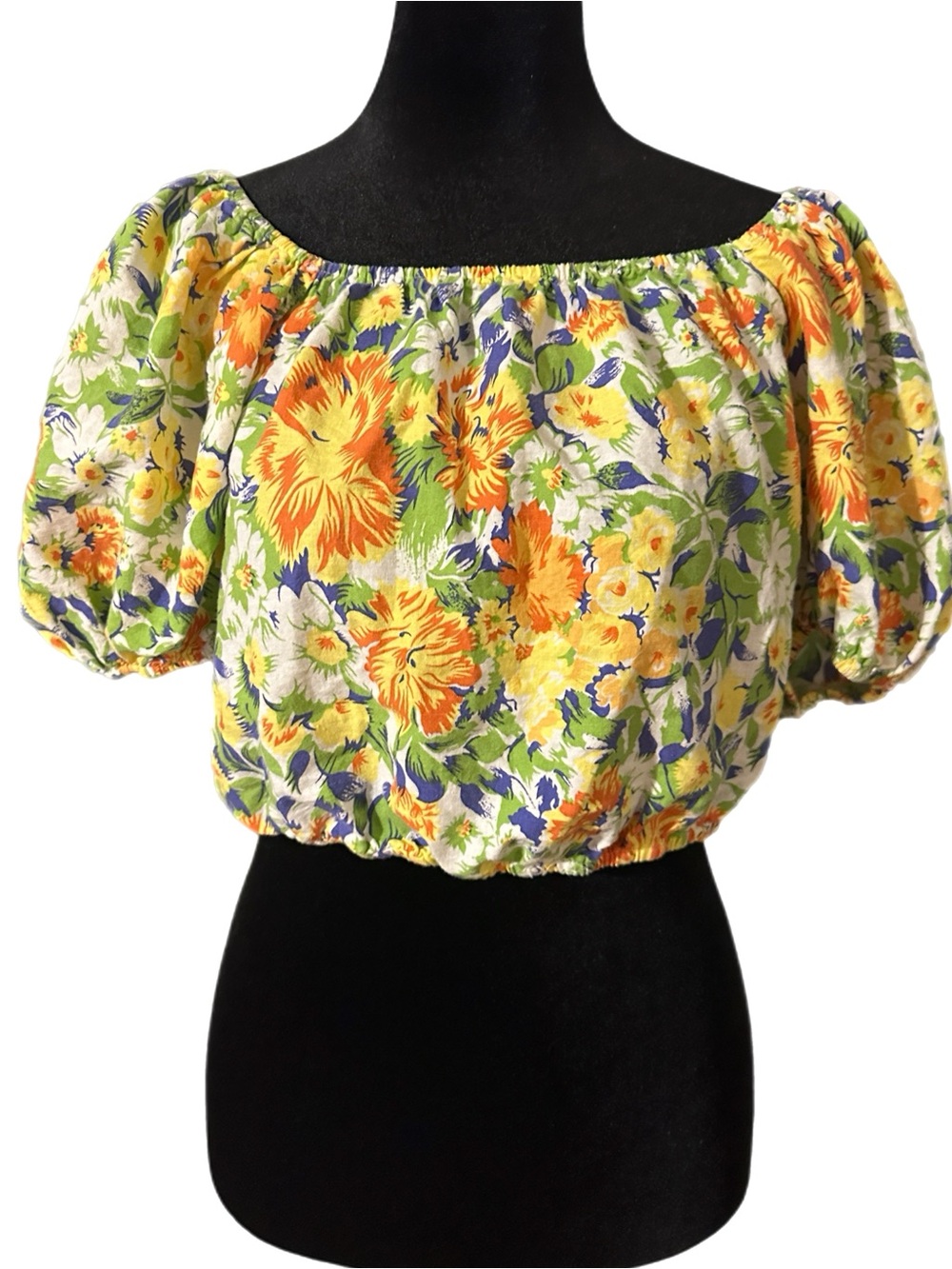 Cynthia Rowley Yellow, Green and Orange Floral Off-Shoulder Crop Top
